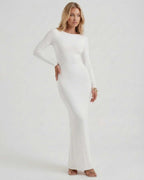 Celeste Maxi Dress by Lauven - Elegant white long sleeve dress with open back and a flattering silhouette.