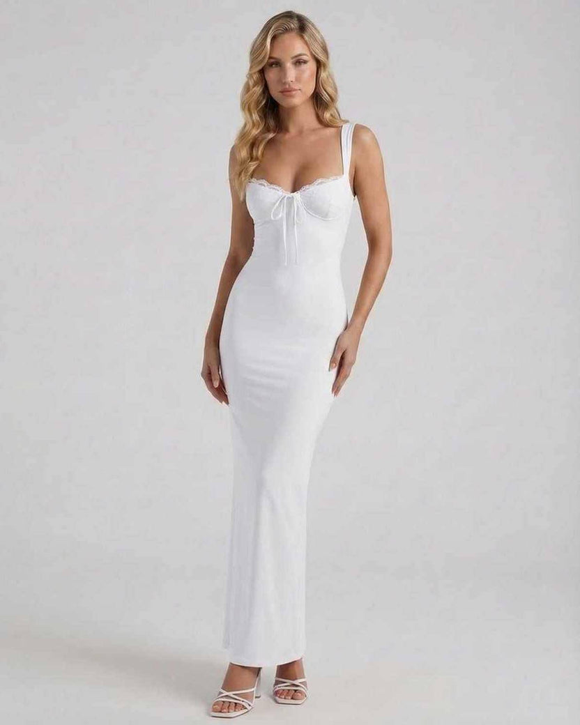 Celeste Maxi Dress by Lauven, showcasing an elegant white satin silhouette perfect for formal events.