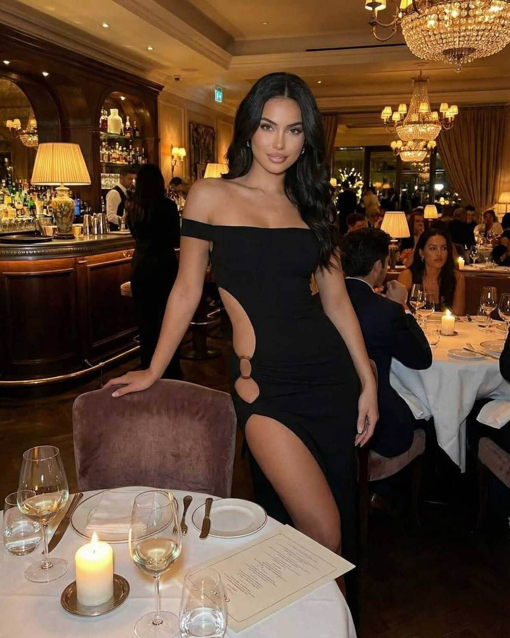 Celeste Maxi Dress by Lauven features off-shoulder design and thigh-high slit, ideal for elegant evening occasions.
