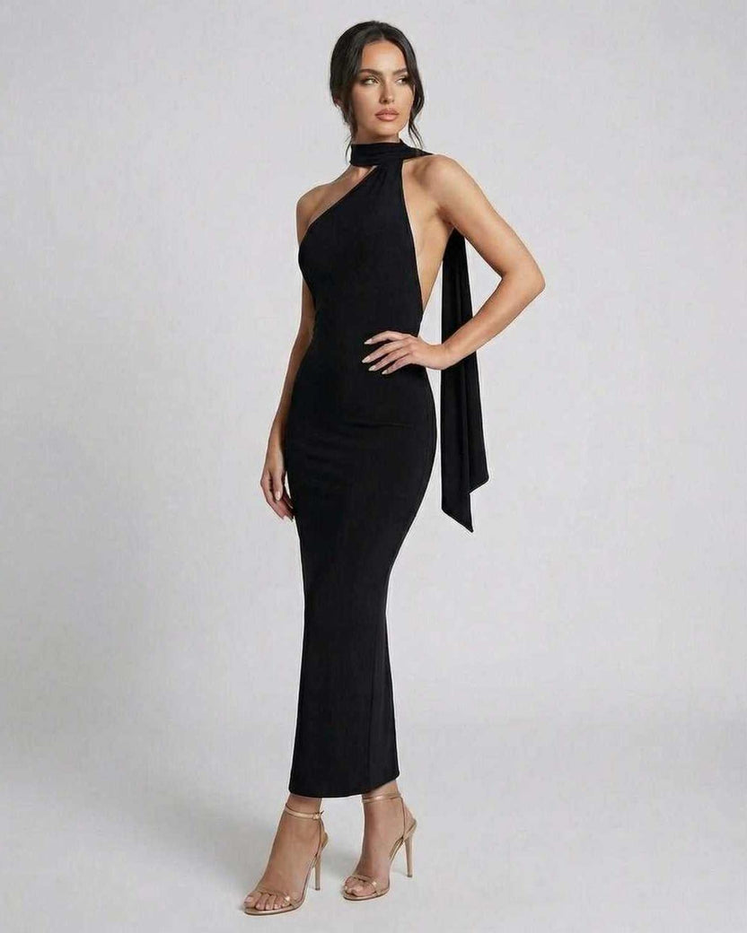 Celeste Maxi Dress by Lauven - Sleek black halter neck evening dress with a modern pencil silhouette.