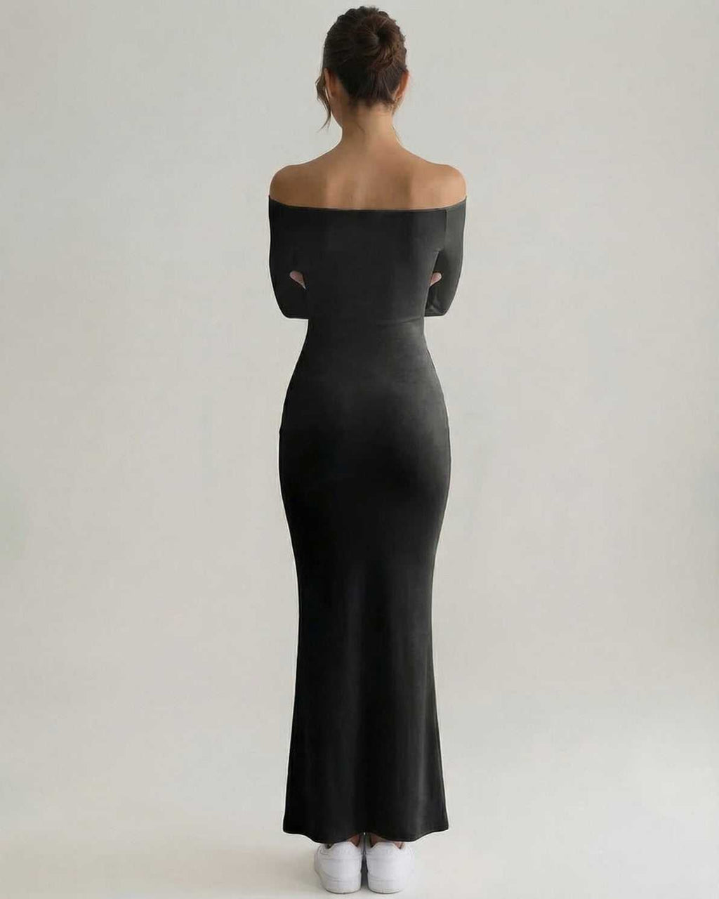 Celeste Maxi Dress featuring elegant off-shoulder design, sleek silhouette, and comfortable stretch fabric by Lauven.
