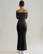 Celeste Maxi Dress featuring elegant off-shoulder design, sleek silhouette, and comfortable stretch fabric by Lauven.
