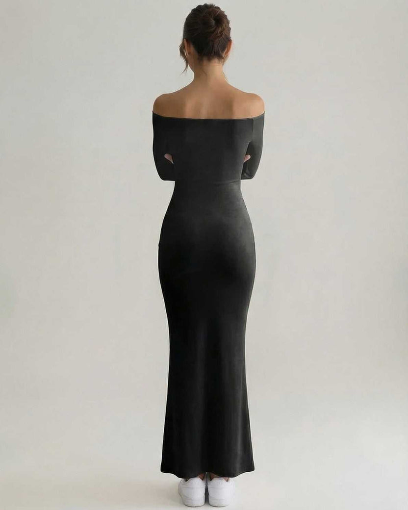 Celeste Maxi Dress featuring elegant off-shoulder design, sleek silhouette, and comfortable stretch fabric by Lauven.