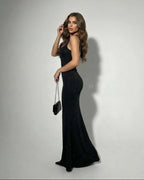 Celeste Maxi Dress by Lauven, sleek black stretch satin gown with subtle sparkle for elegant evening wear.