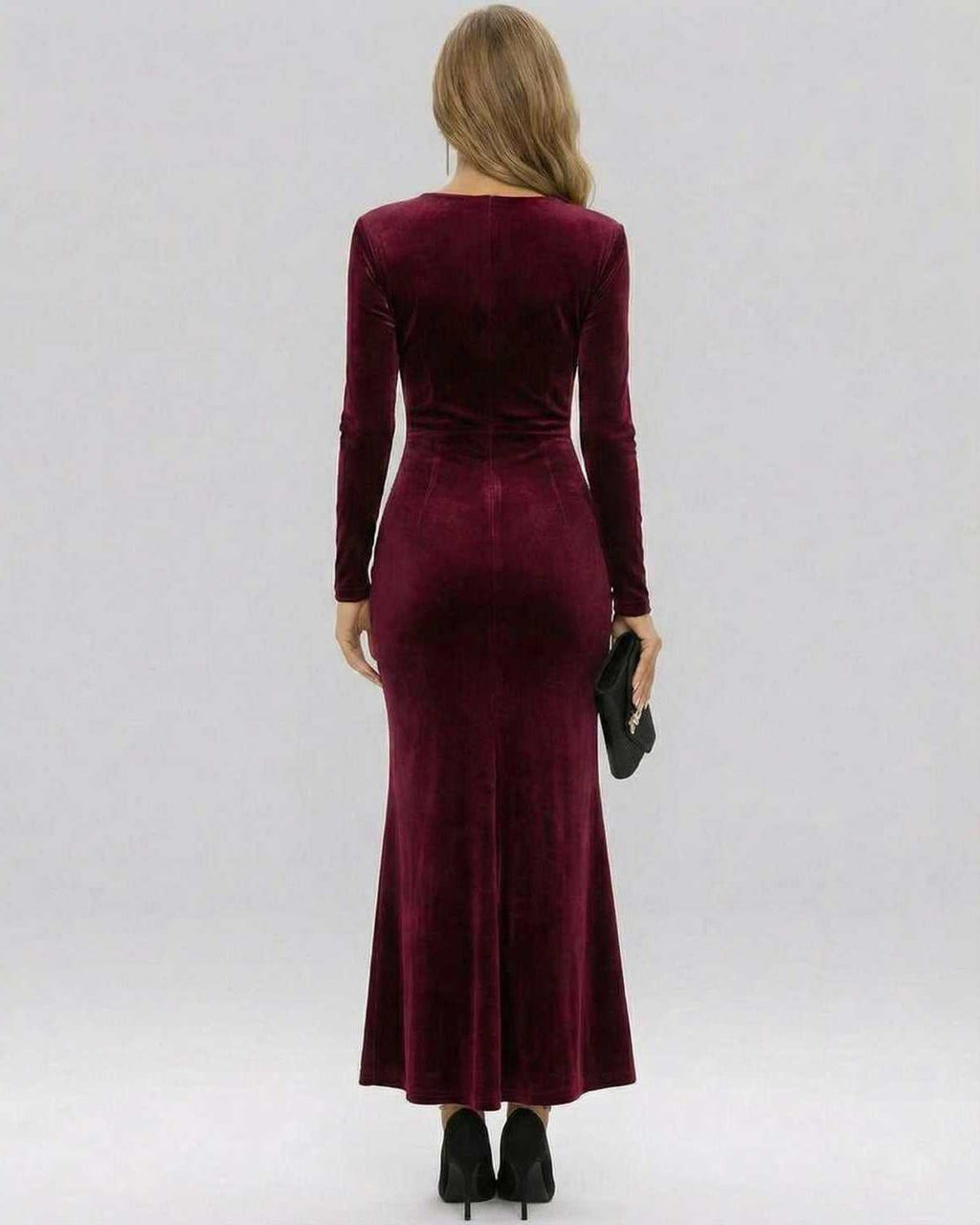 Celeste Maxi Dress by Lauven in luxurious burgundy velvet, showcasing an elegant back view and sleek silhouette.