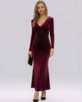 Celeste Maxi Dress by Lauven in luxurious burgundy velvet, featuring a slim-fit silhouette and elegant ankle-length design.