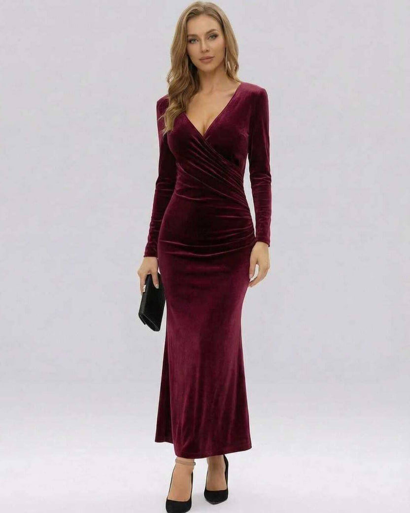 Celeste Maxi Dress by Lauven in luxurious burgundy velvet, featuring a slim-fit silhouette and elegant ankle-length design.