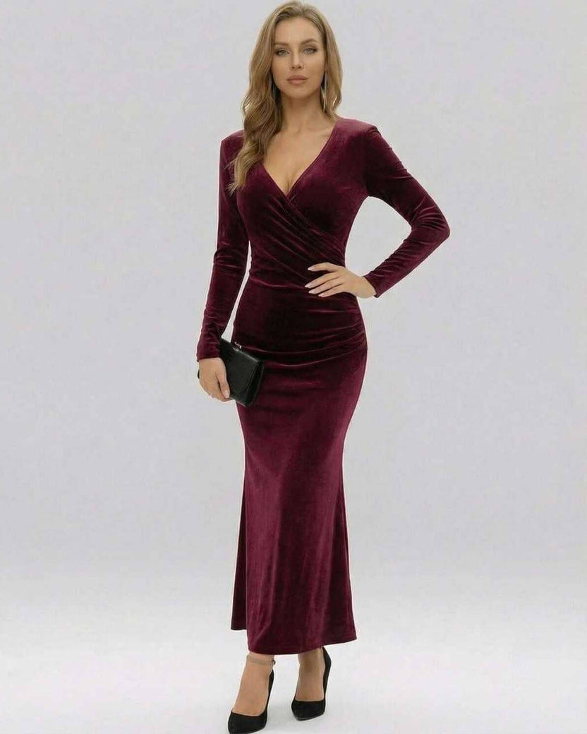 Celeste Maxi Dress by Lauven in luxurious burgundy velvet, featuring a slim-fit sheath silhouette and ankle-length design.