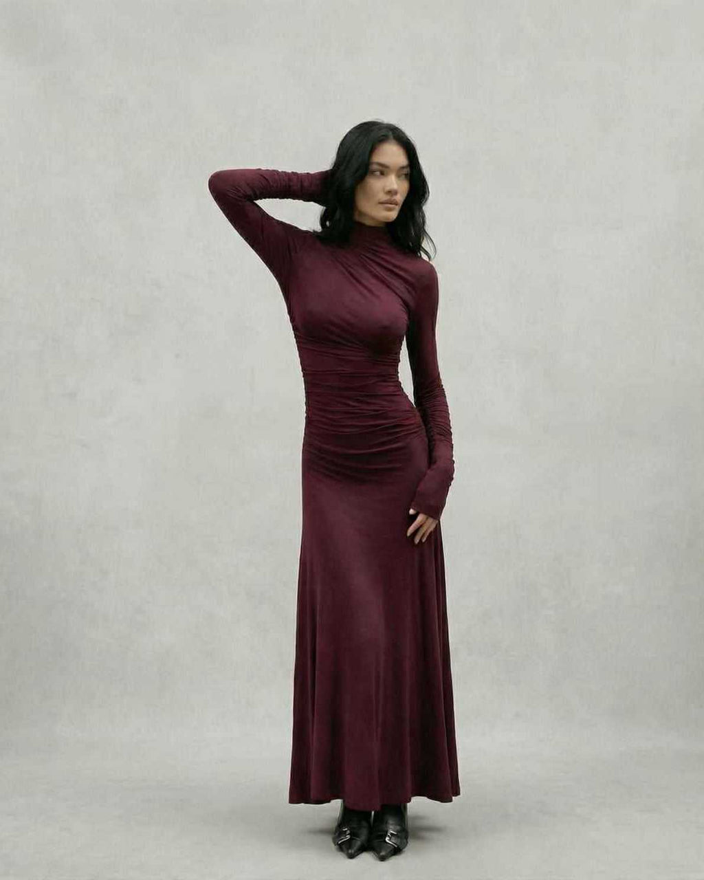Celeste Maxi Dress by Lauven in burgundy, showcasing a sleek sheath silhouette with half-high collar and slim-fit design.