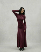 Celeste Maxi Dress by Lauven in burgundy, showcasing a sleek sheath silhouette with half-high collar and slim-fit design.
