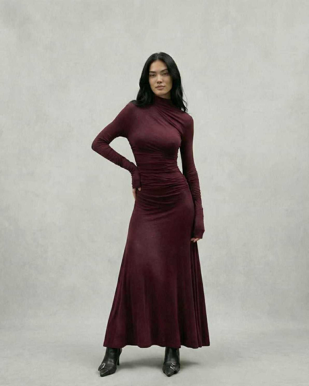 Celeste Maxi Dress by Lauven featuring a burgundy sheath silhouette with half-high collar and raglan sleeves.