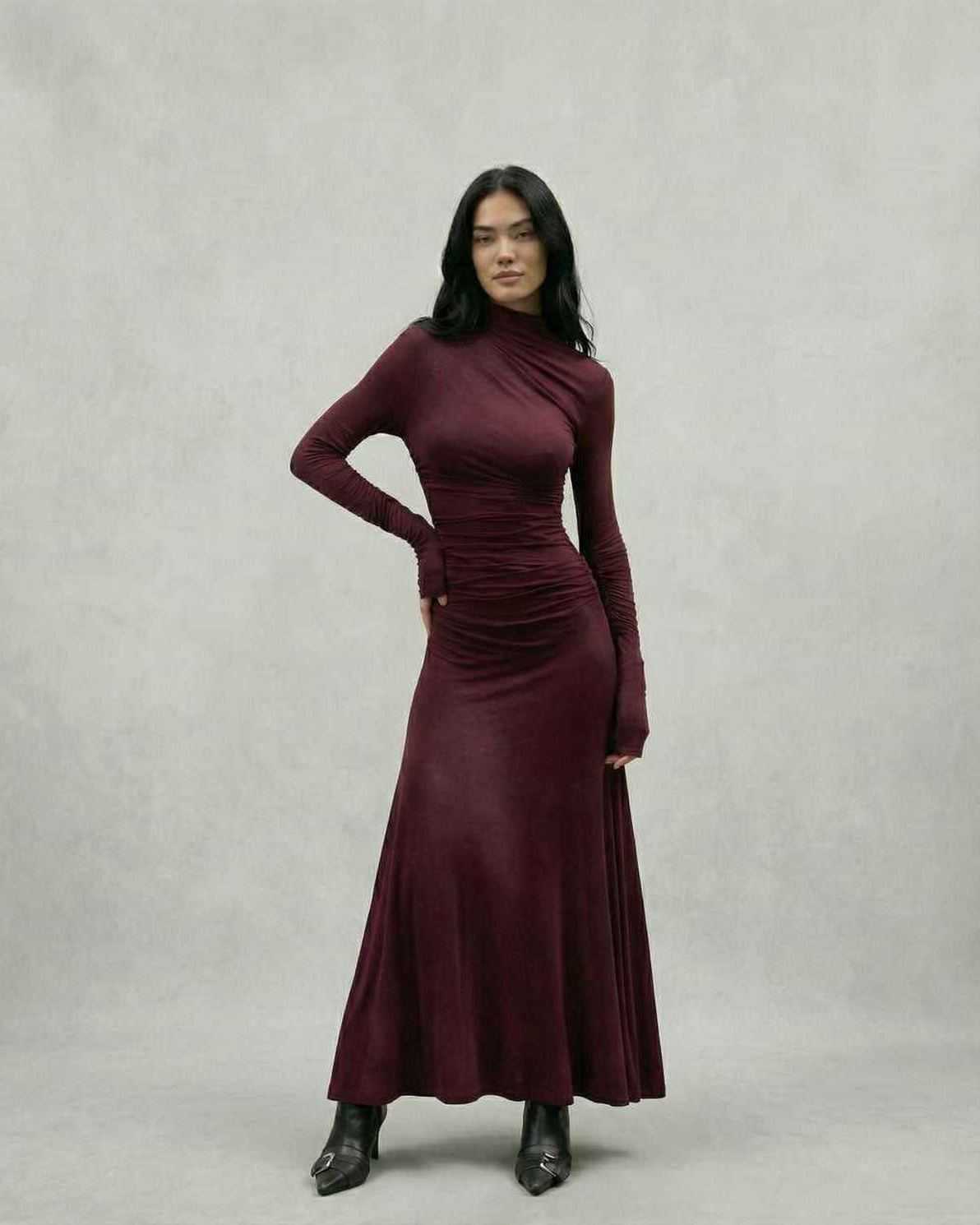 Celeste Maxi Dress by Lauven featuring a burgundy sheath silhouette with half-high collar and raglan sleeves.