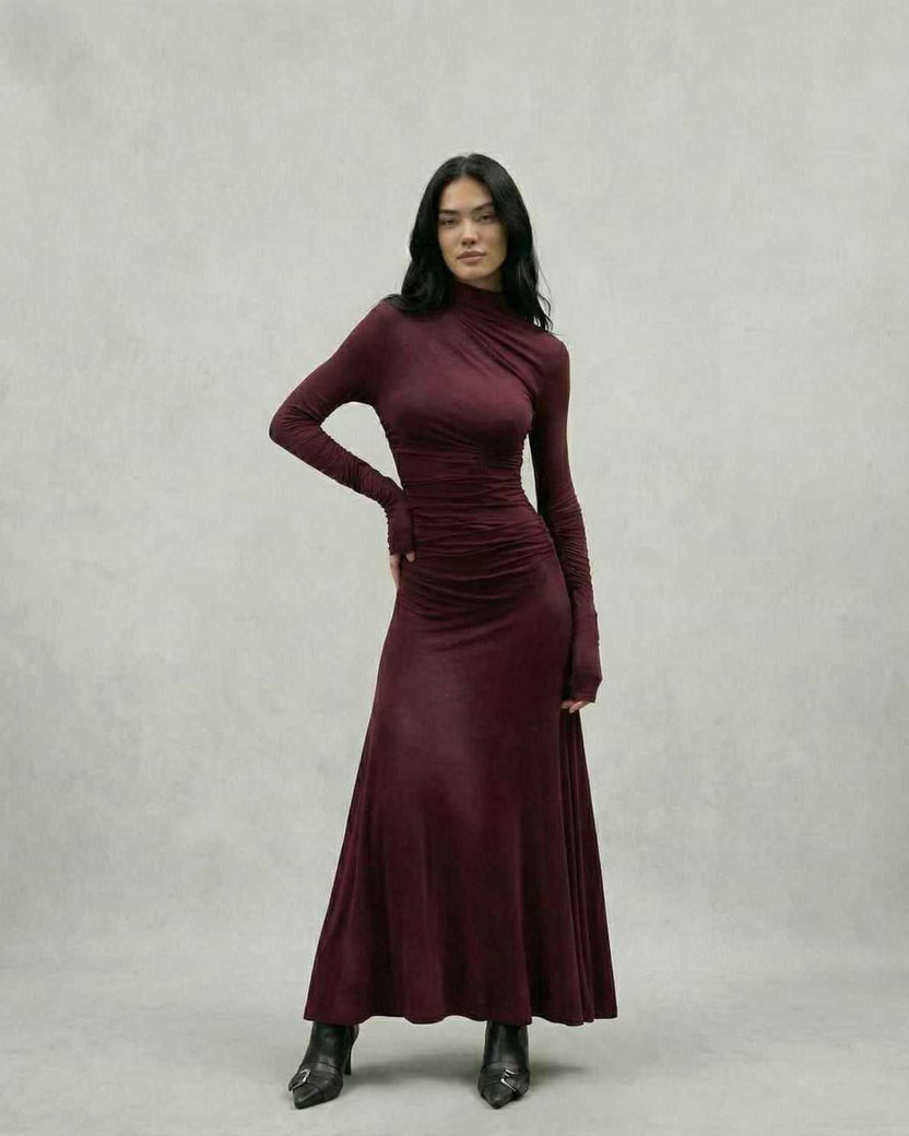 Celeste Maxi Dress by Lauven featuring a burgundy sheath silhouette with half-high collar and raglan sleeves.