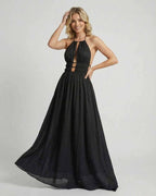 Celeste Maxi Dress by Lauven featuring an elegant halter neck and sleek black silhouette, perfect for any occasion.