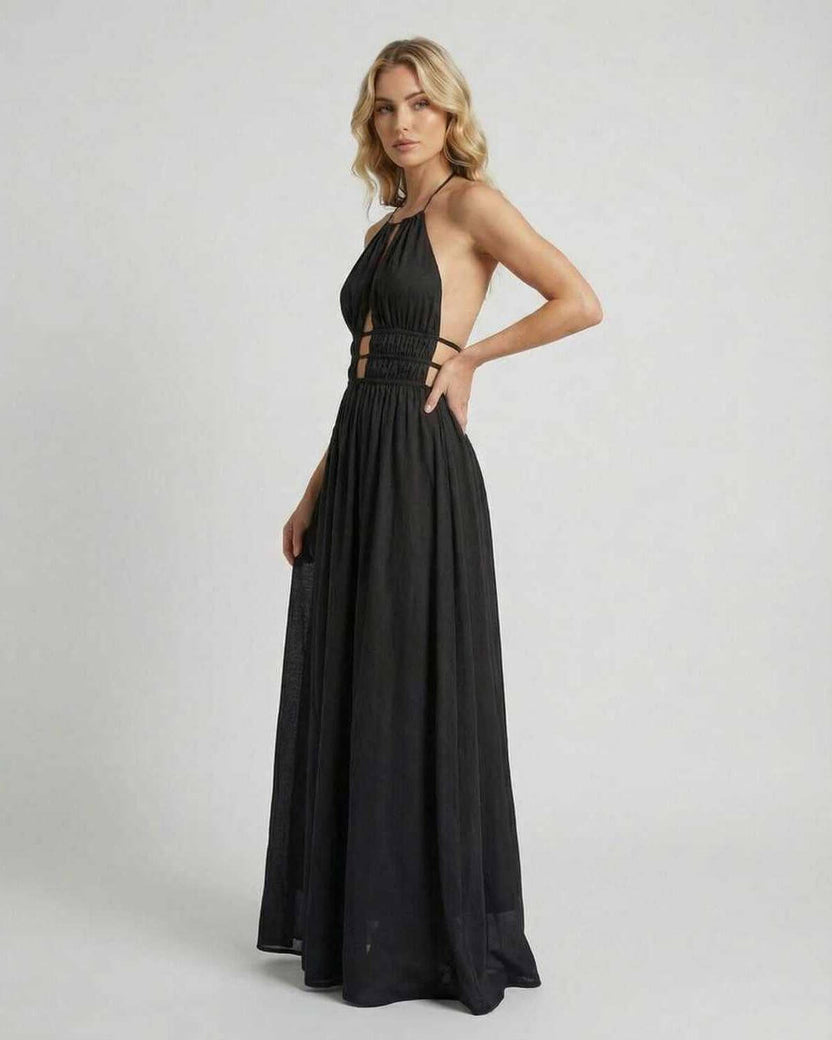 Celeste Maxi Dress by Lauven featuring an elegant halter neck and sleek black silhouette for a flattering fit.
