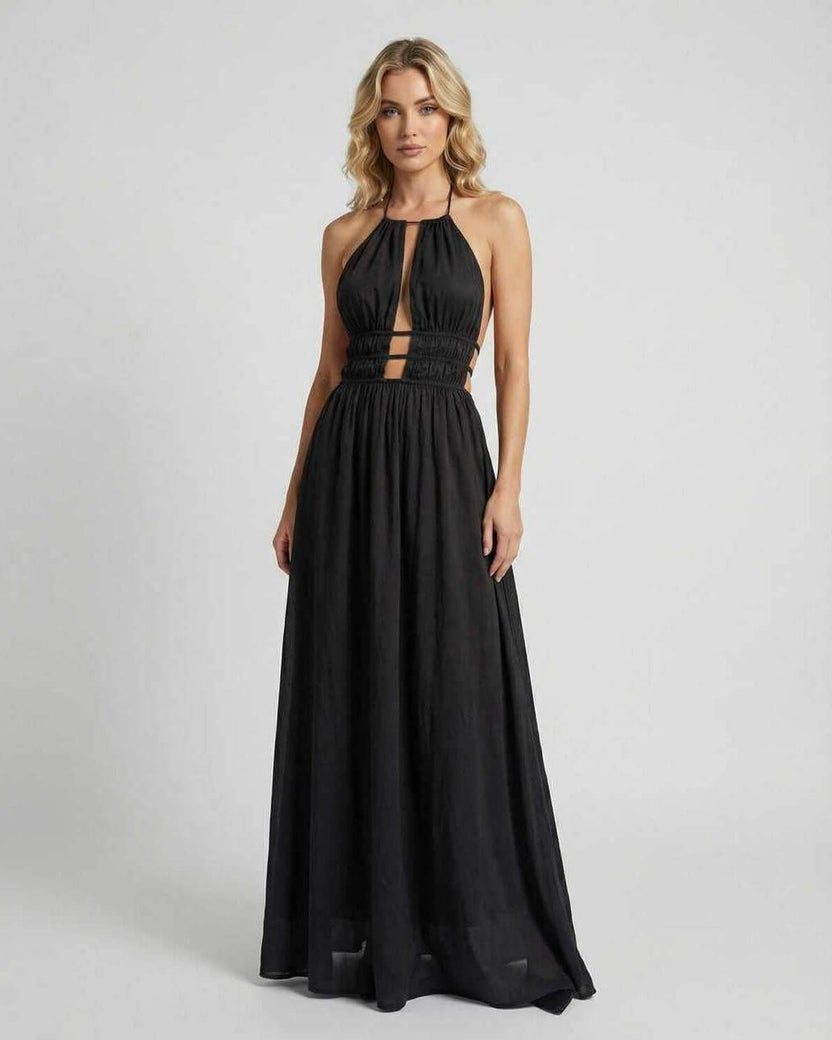 Celeste Maxi Dress by Lauven featuring elegant halter neck design and sleek black silhouette.