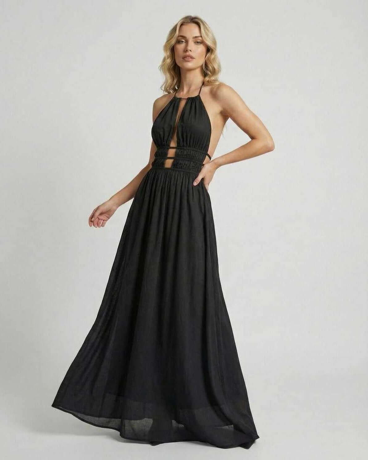 Celeste Maxi Dress by Lauven featuring elegant halter neck and sleek black silhouette, perfect for any occasion.