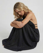 Celeste Maxi Dress by Lauven, elegant halter neck black dress with a flattering A-line silhouette.