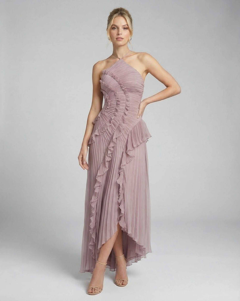 Celeste Maxi Dress by Lauven in dusty mauve with pleated halter neck and ruffle details, perfect for elegant occasions.