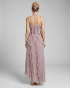 Celeste Maxi Dress by Lauven, elegant pleated halter neck silhouette in dusty mauve, showcasing back view with ruffle details.