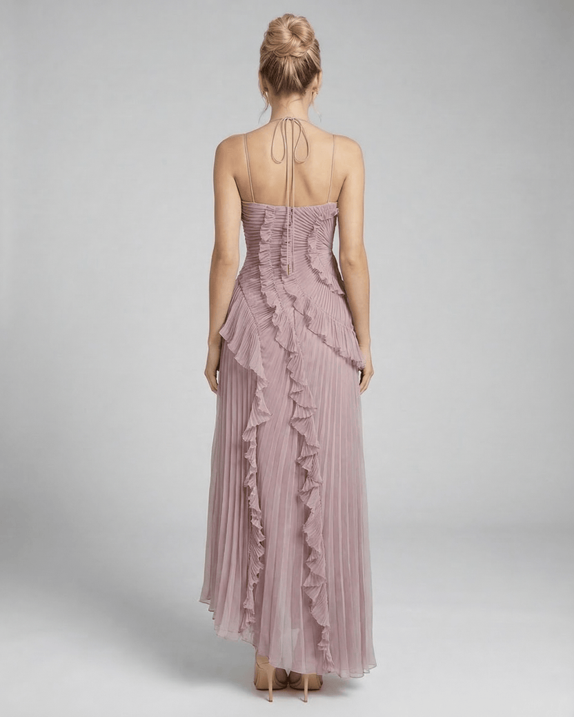 Celeste Maxi Dress by Lauven, elegant pleated halter neck silhouette in dusty mauve, showcasing back view with ruffle details.
