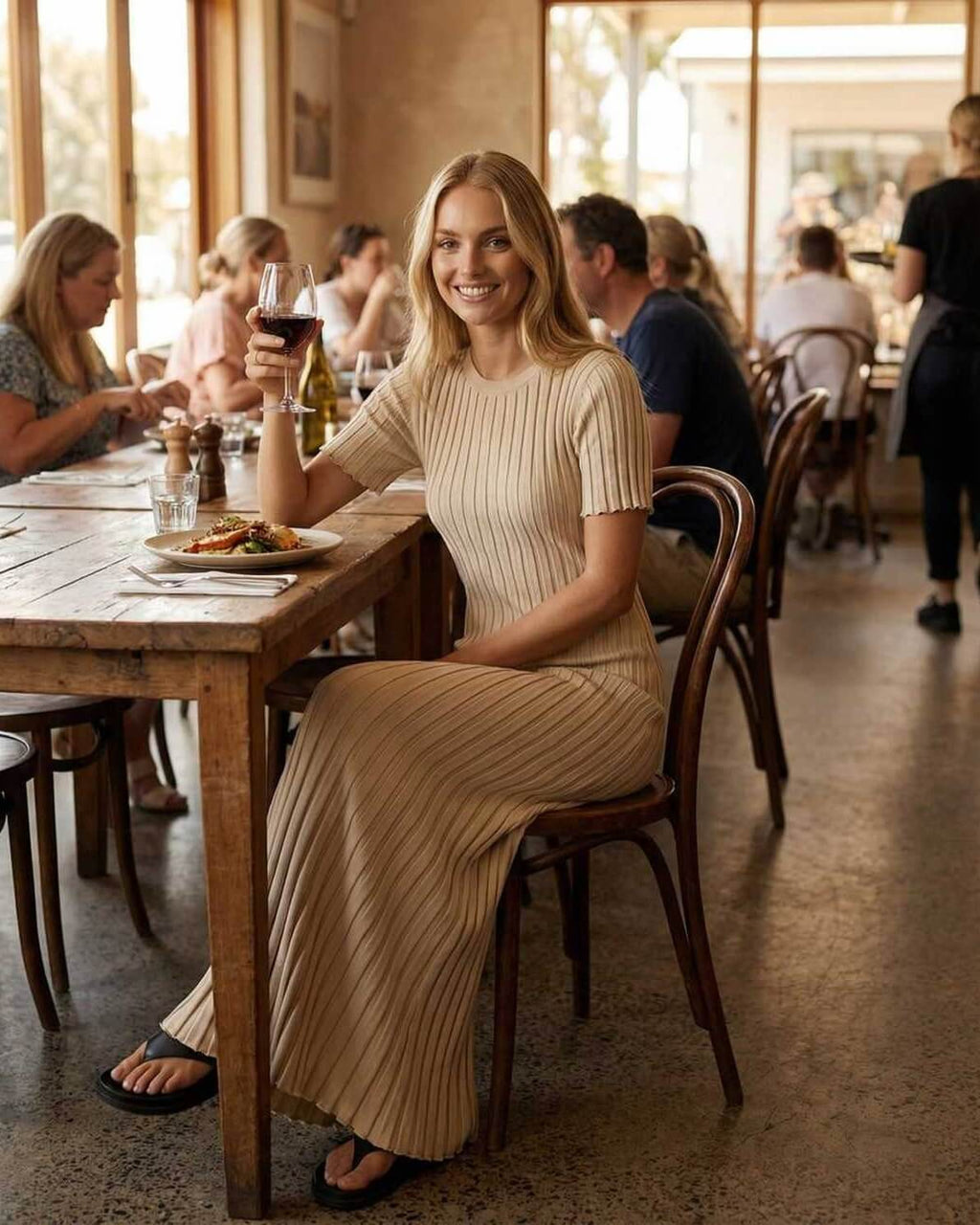 Woman enjoying a drink in a Celeste Maxi Dress by Lauven, seated in a stylish restaurant with a relaxed ambiance.