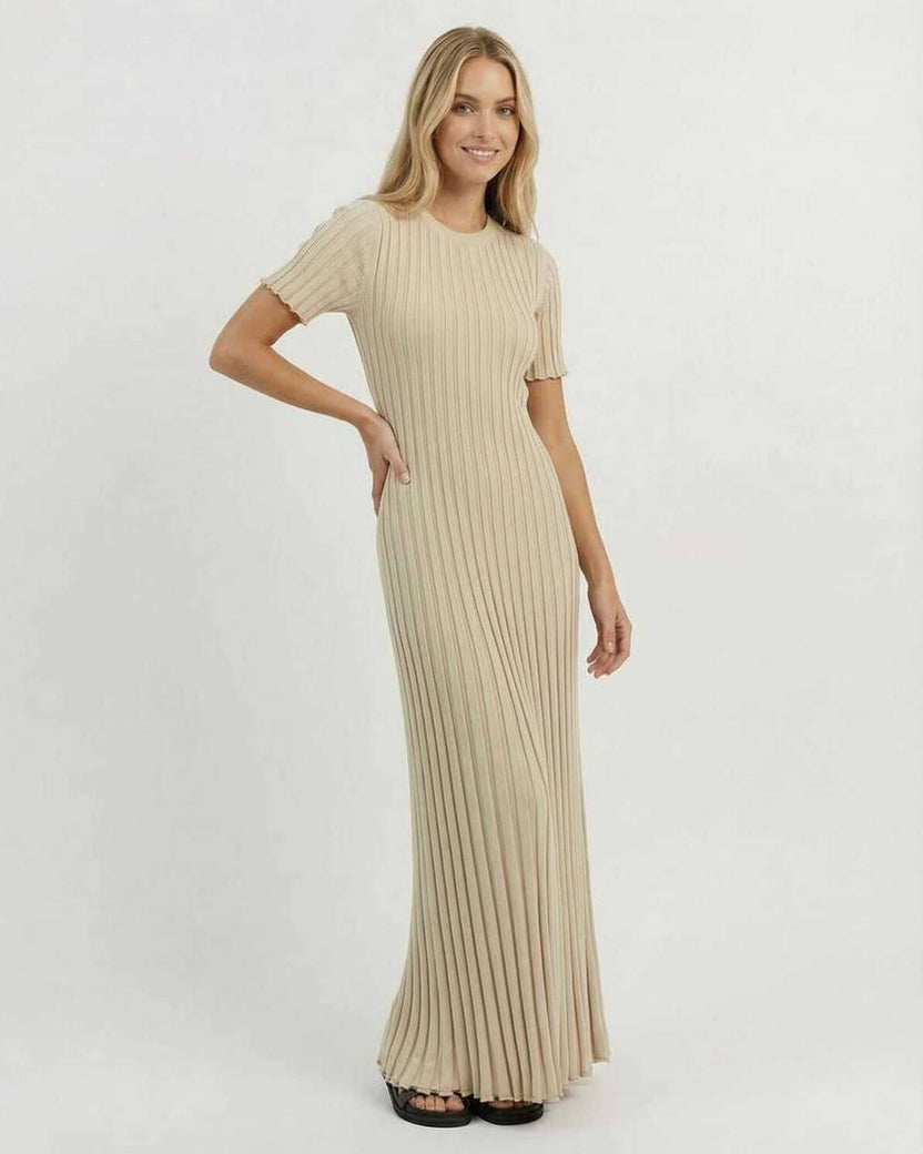 Celeste Maxi Dress by Lauven in elegant ribbed knit, showcasing a graceful ankle-length silhouette in beige.
