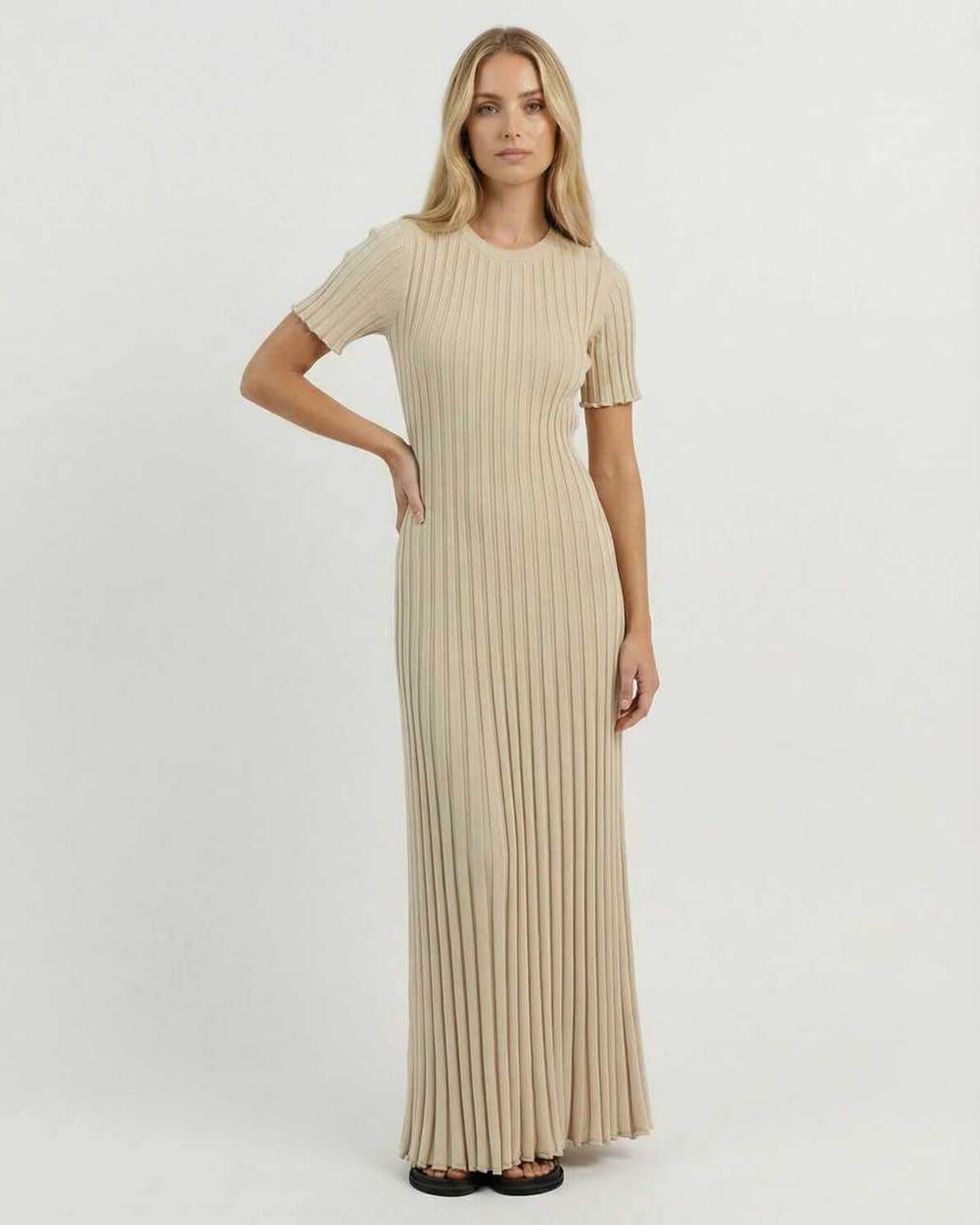 Celeste Maxi Dress by Lauven in elegant ribbed knit fabric showcasing a versatile beige ankle-length silhouette.