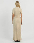 Back view of the Celeste Maxi Dress by Lauven, featuring a ribbed knit design and ankle-length silhouette.
