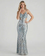 Celeste Maxi Dress by Lauven - Elegant sequin evening gown showcasing a flattering mermaid silhouette in a stunning blue hue.