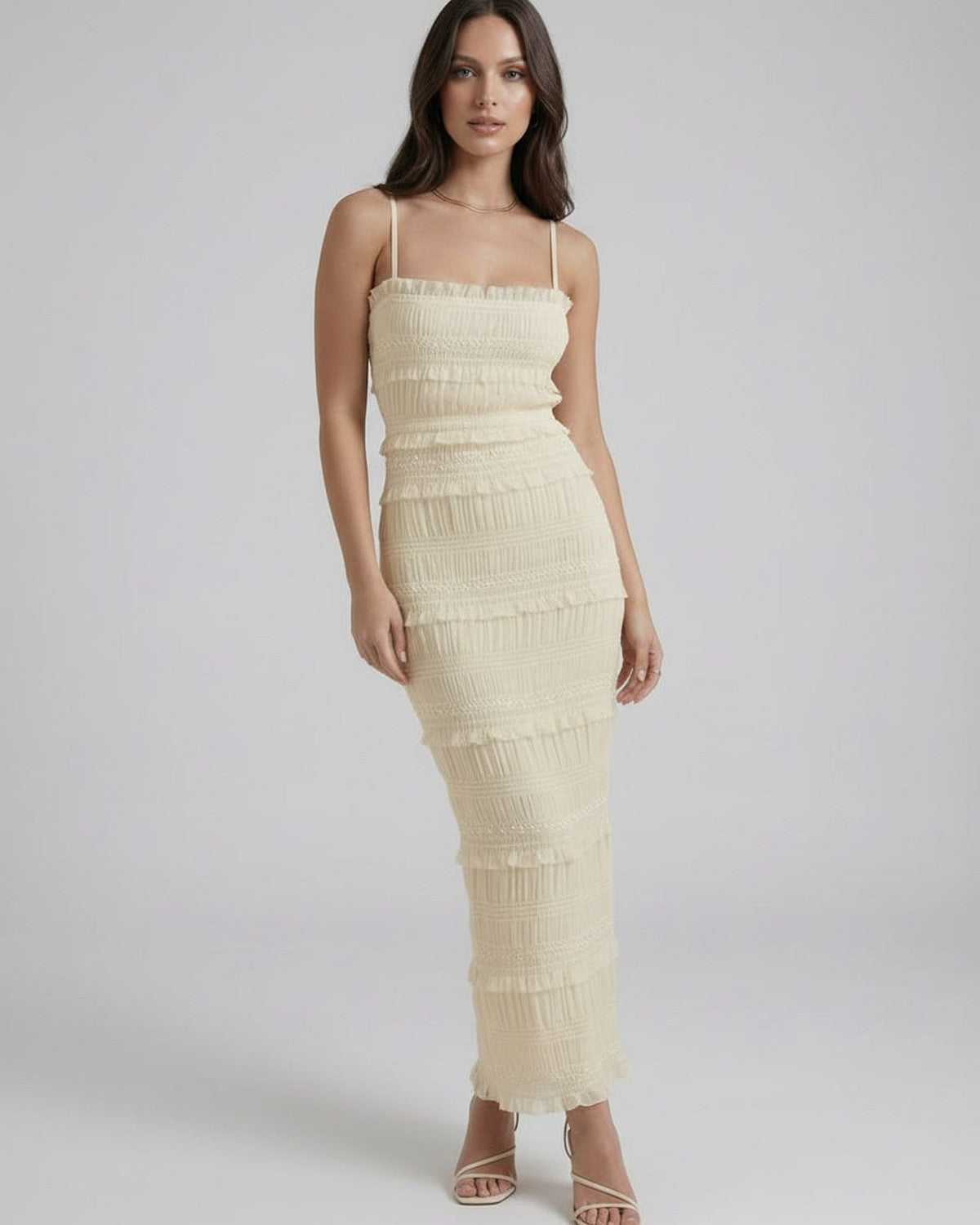 Celeste Maxi Dress by Lauven featuring an elegant sheath silhouette and spaghetti straps in soft ivory.
