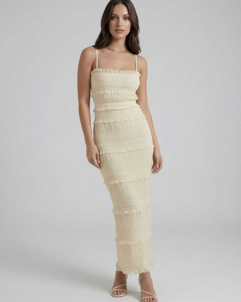 Celeste Maxi Dress by Lauven featuring an elegant sheath silhouette and spaghetti straps in soft ivory.