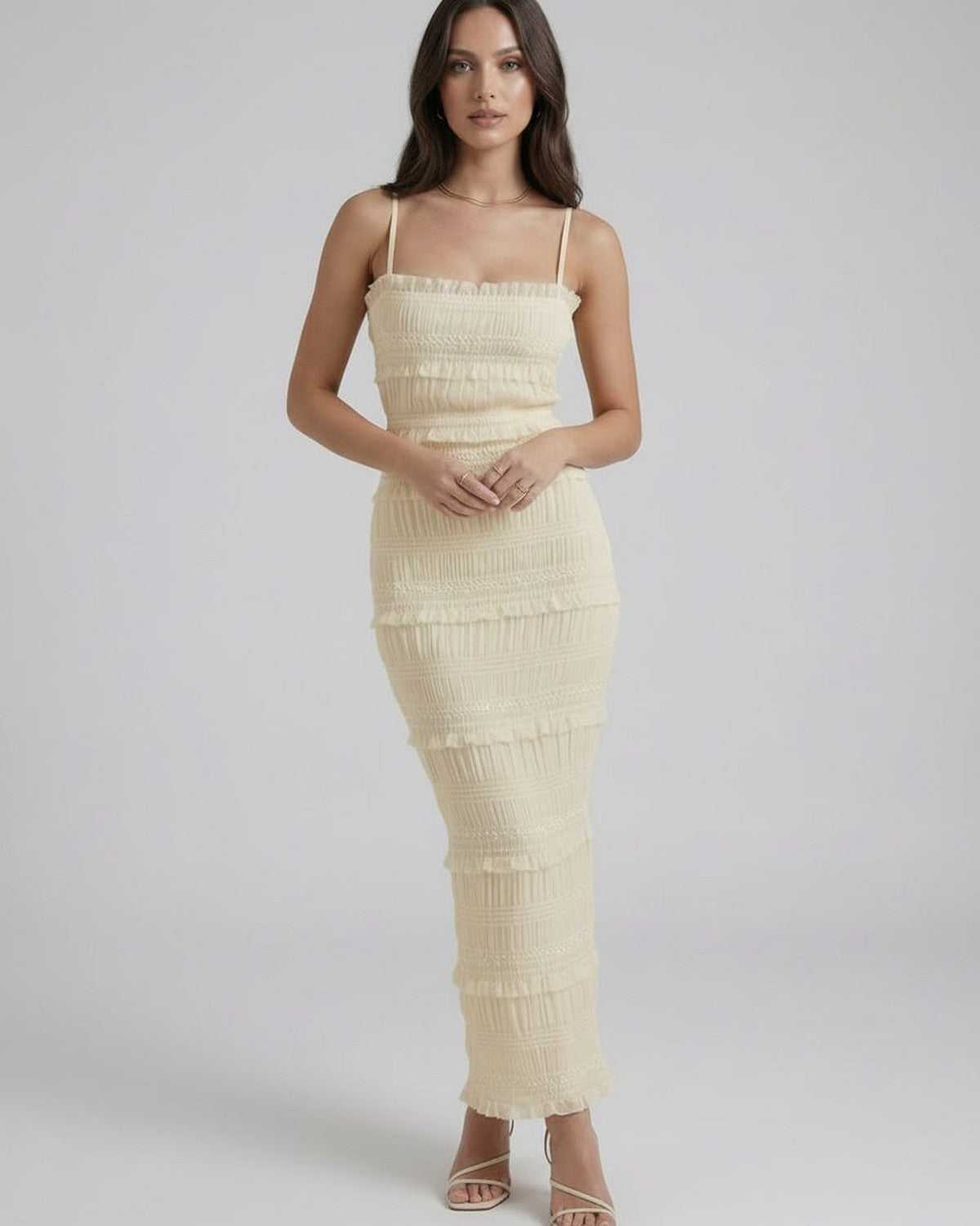 Celeste Maxi Dress by Lauven - Elegant ivory sheath silhouette with spaghetti straps and textured detailing.