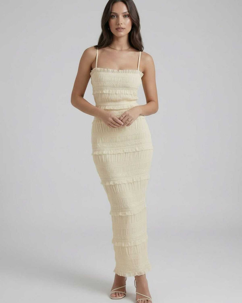 Celeste Maxi Dress by Lauven - Elegant ivory sheath silhouette with spaghetti straps and textured detailing.
