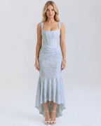 Celeste Maxi Dress by Lauven features a square collar and pleated design in pale blue with fish tail hemline.