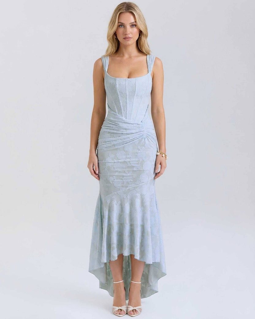 Celeste Maxi Dress by Lauven features a square collar and pleated design in pale blue with fish tail hemline.