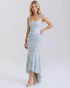 Celeste Maxi Dress by Lauven featuring a square collar and jacquard fabric in pale blue with a fish tail hemline.
