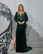 Celeste Maxi Dress by Lauven - Elegant velvet evening gown in deep green with sequin detail and flattering silhouette.