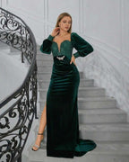 Celeste Maxi Dress by Lauven – Elegant velvet evening gown in deep green, featuring a flattering tube silhouette and sequins.