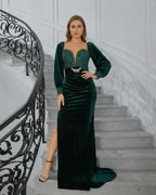Celeste Maxi Dress by Lauven, elegant velvet evening gown in deep green with sequin detailing, perfect for upscale occasions.