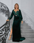Celeste Maxi Dress by Lauven worn by a model, featuring a deep green velvet design and elegant sequin detailing.