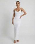 Celeste Maxi Dress by Lauven, elegant white sleeveless bodycon with spaghetti straps and a deep backless design.
