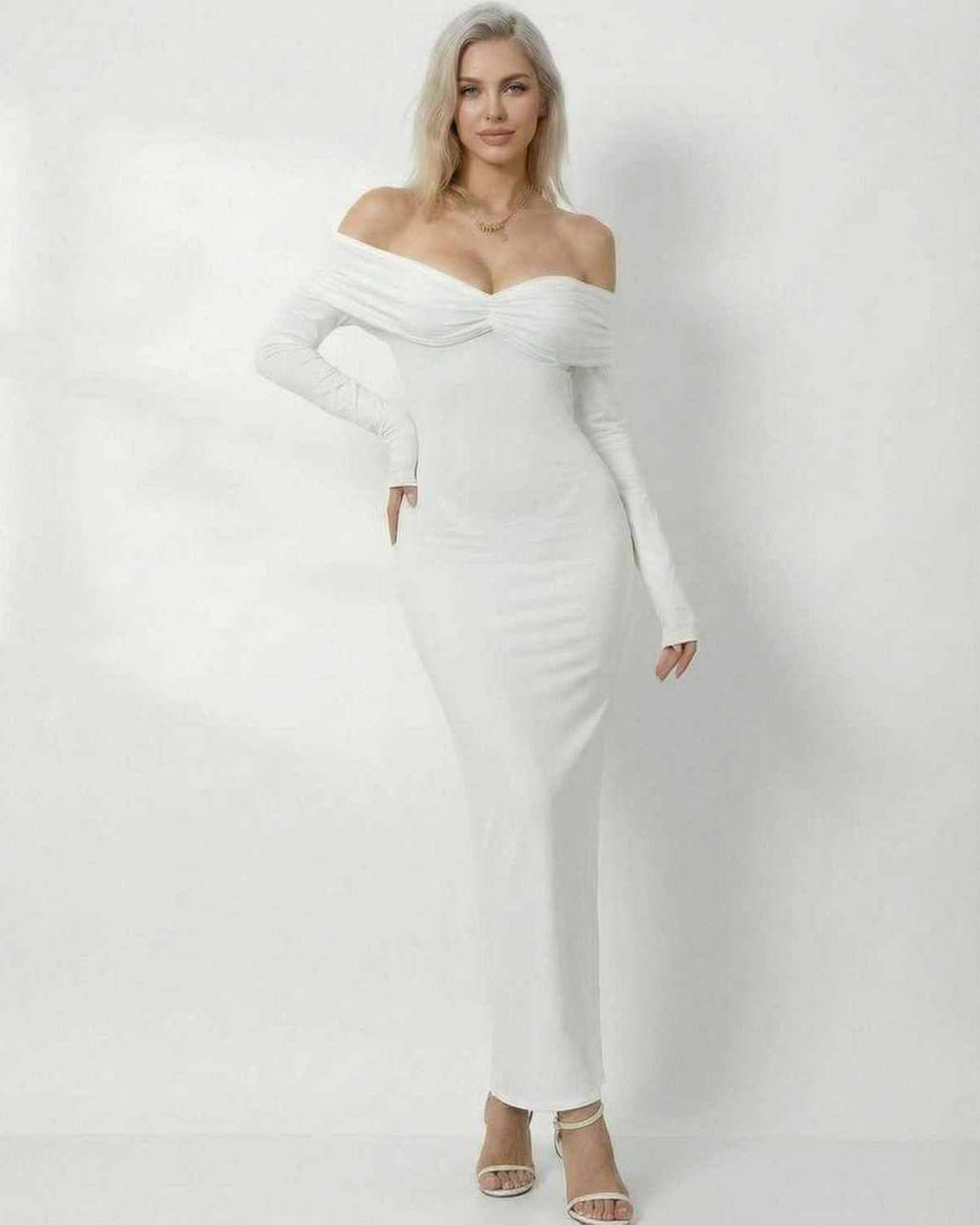 Celeste Maxi Dress by Lauven, sleek off-shoulder design in solid white, perfect for special occasions with a flattering fit.
