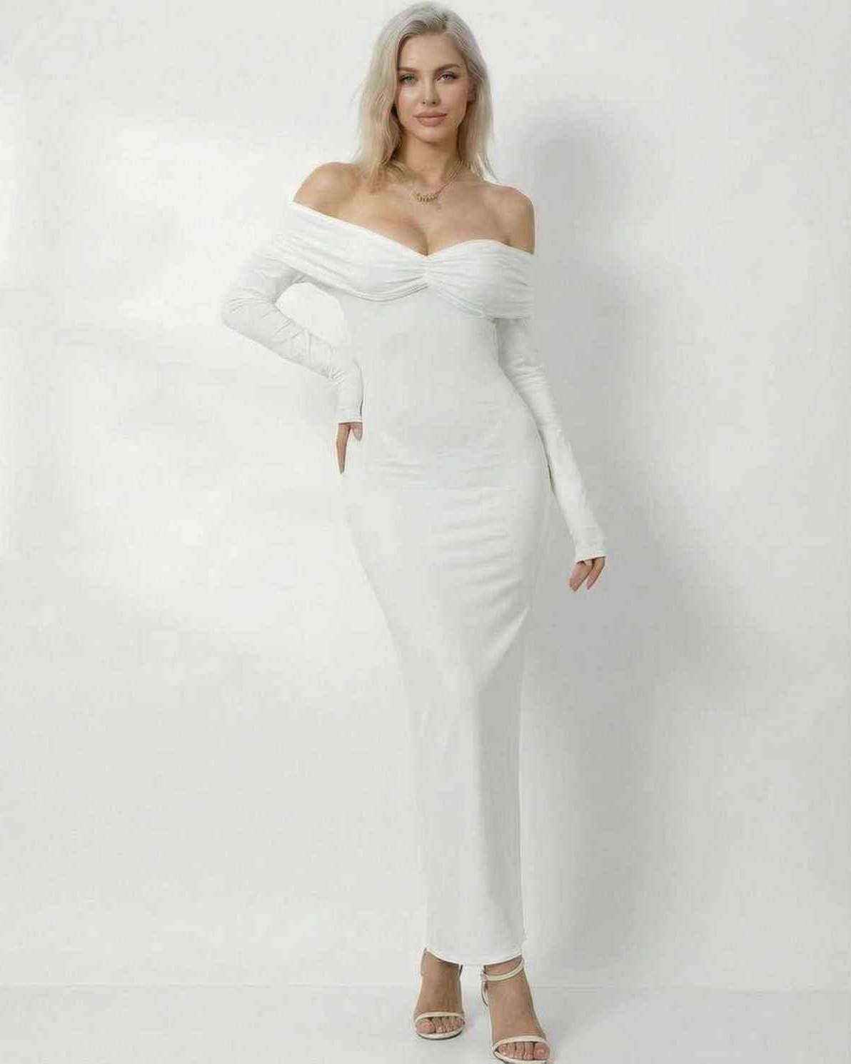 Celeste Maxi Dress by Lauven, sleek off-shoulder design in solid white, perfect for special occasions with a flattering fit.