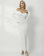Celeste Maxi Dress by Lauven, featuring a sleek off-shoulder design in a solid white color, perfect for special occasions.