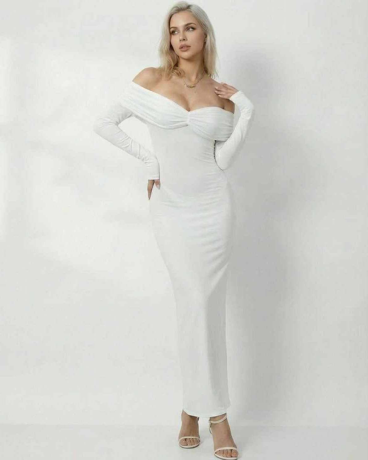 Celeste Maxi Dress by Lauven, featuring a sleek off-shoulder design in a solid white color, perfect for special occasions.