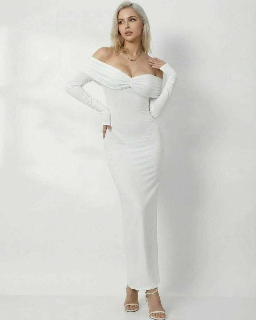 Celeste Maxi Dress by Lauven, featuring a sleek off-shoulder design in a solid white color, perfect for special occasions.