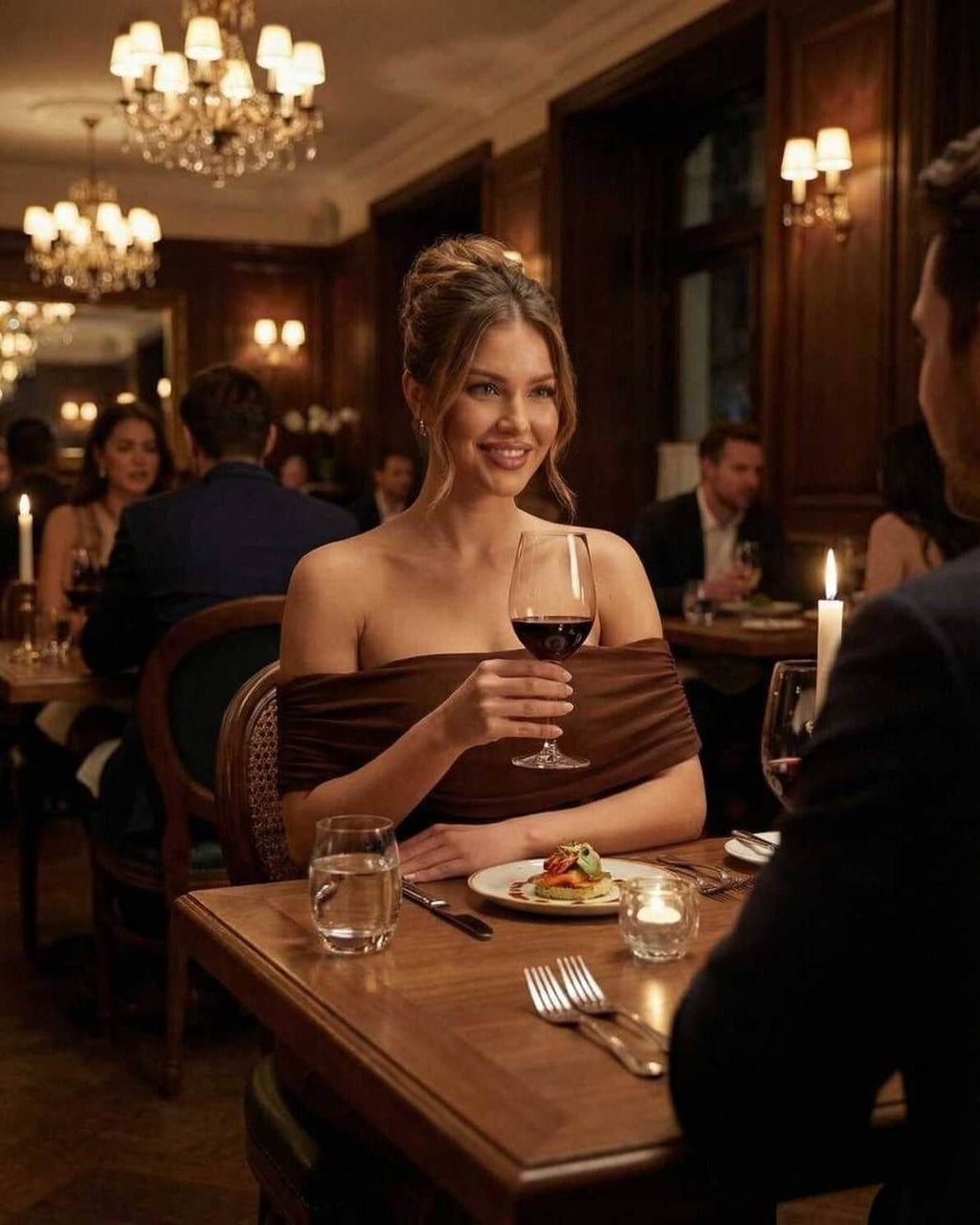 Celeste Maxi Dress by Lauven, a woman in a brown strapless dress enjoying dinner in an elegant restaurant.
