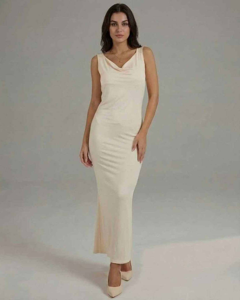Celeste Maxi Dress featuring sleek sleeveless cowl neck silhouette in solid cream, by Lauven.