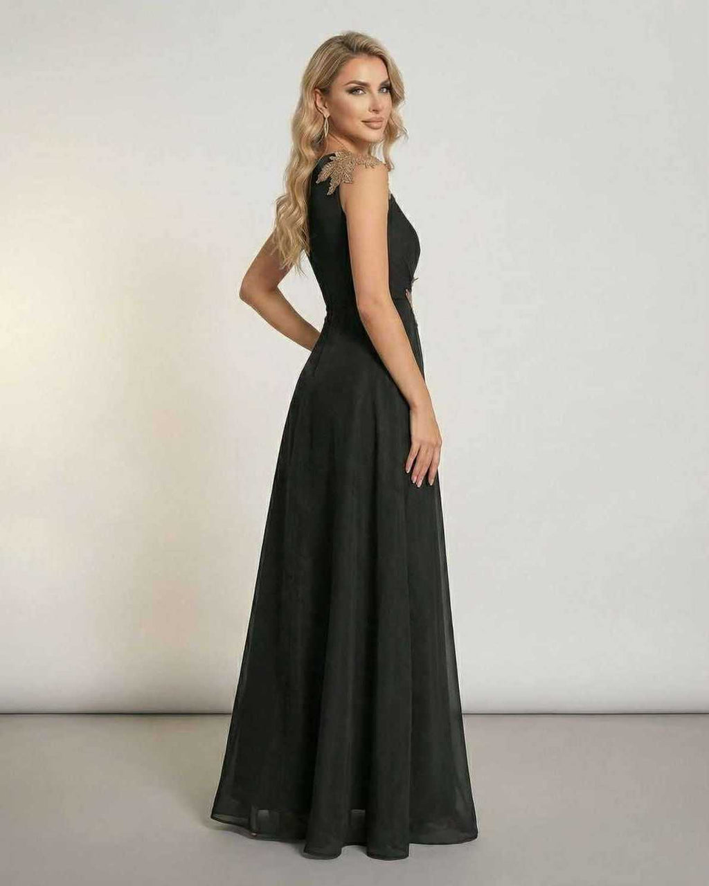 Celeste Maxi Dress by Lauven - Elegant sleeveless black maxi dress with graceful silhouette and patchwork detail.